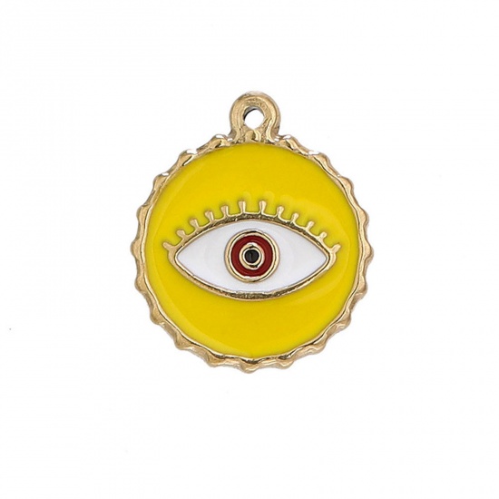 Picture of 304 Stainless Steel Charms Gold Plated Round Evil Eye Enamel 24mm x 22mm, 1 Piece