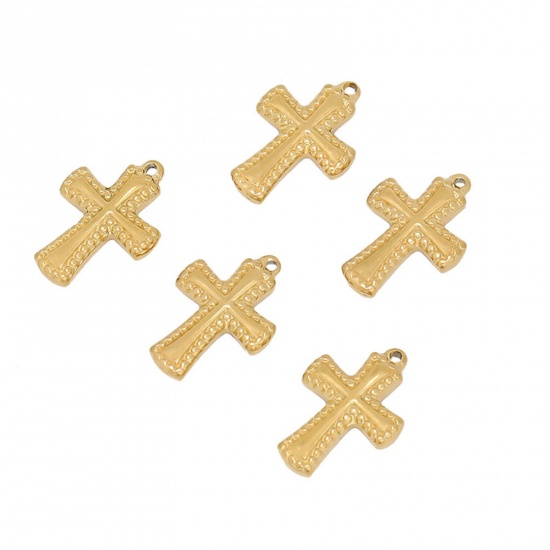 Image de Breloques en 304 Acier Inoxydable Croix Doré Gaufrage 19mm x 13mm , 1 Pièce