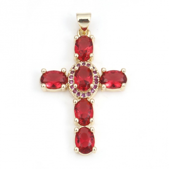 Picture of 1 Piece Brass & Cubic Zirconia Religious Pendants 18K Real Gold Plated Fuchsia Cross 4cm x 2.3cm