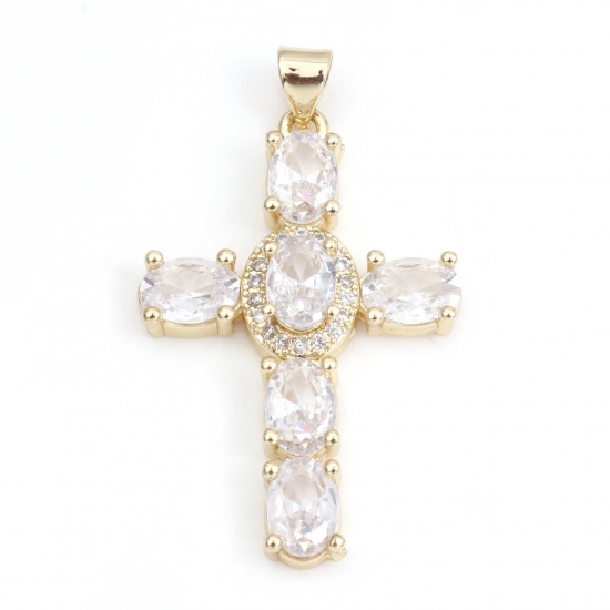 Picture of 1 Piece Brass & Cubic Zirconia Religious Pendants 18K Real Gold Plated Transparent Clear Cross 4cm x 2.3cm