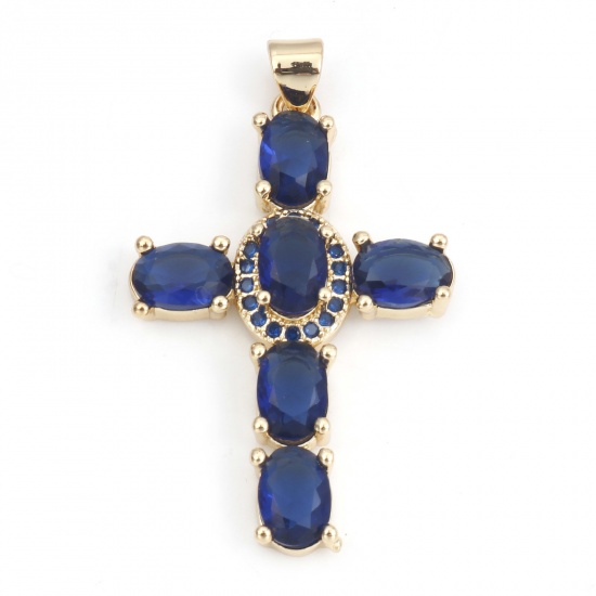 Picture of 1 Piece Brass & Cubic Zirconia Religious Pendants 18K Real Gold Plated Dark Blue Cross 4cm x 2.3cm