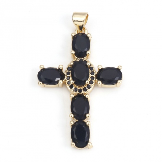 Picture of 1 Piece Brass & Cubic Zirconia Religious Pendants 18K Real Gold Plated Black Cross 4cm x 2.3cm