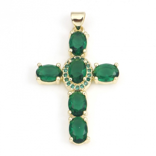Picture of 1 Piece Brass & Cubic Zirconia Religious Pendants 18K Real Gold Plated Green Cross 4cm x 2.3cm