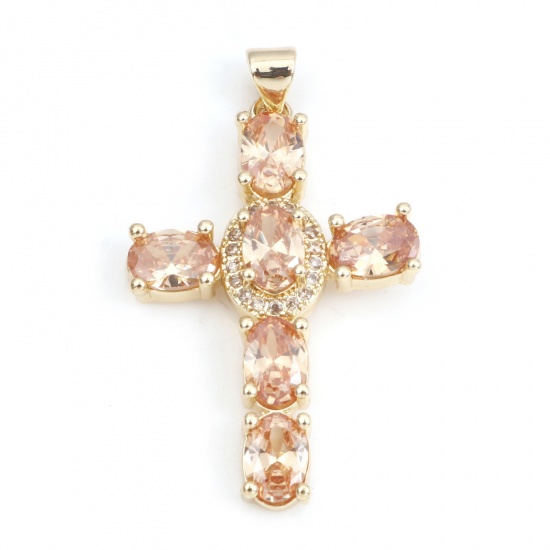Picture of 1 Piece Brass & Cubic Zirconia Religious Pendants 18K Real Gold Plated Champagne Cross 4cm x 2.3cm