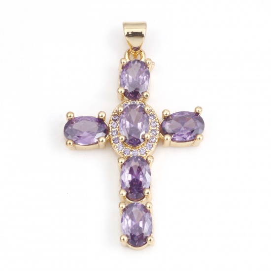Picture of 1 Piece Brass & Cubic Zirconia Religious Pendants 18K Real Gold Plated Purple Cross 4cm x 2.3cm