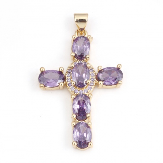 Immagine di 1 Pz Ottone + Zircone Cubico Religione Ciondoli Croce 18K Vero Oro Placcato Colore Viola 4cm x 2.3cm