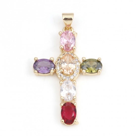 Picture of 1 Piece Brass & Cubic Zirconia Religious Pendants 18K Real Gold Plated Multicolor Cross 4cm x 2.3cm