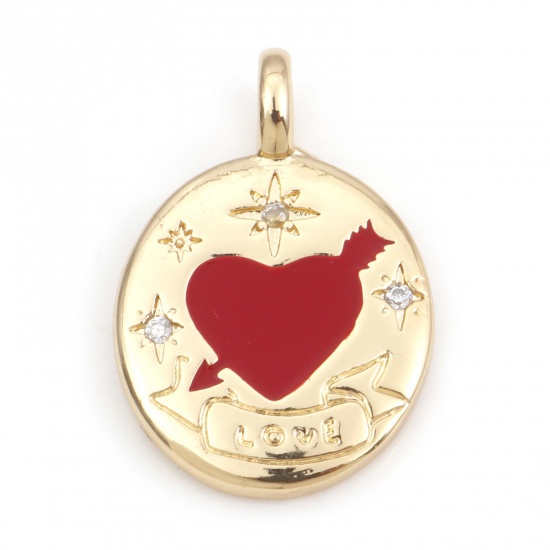 Image de 1 Pièce Breloques La Saint Valentin en Laiton Ovale Plaqué Or Véritable 18K Rouge Cœur Émail à Zircone Cubique Clair 25mm x 17mm