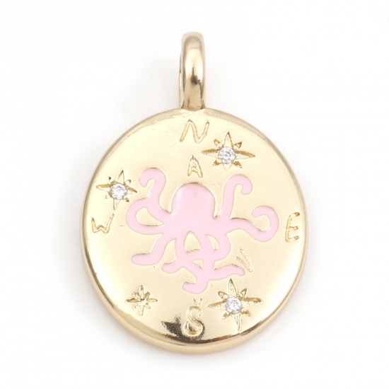 Image de 1 Pièce Breloques Bijoux d'Océan en Laiton Ovale Plaqué Or Véritable 18K Rose Poulpe Émail à Zircone Cubique Clair 25mm x 17mm
