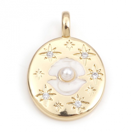 Image de 1 Pièce Breloques Bijoux d'Océan Respectueux de la Nature en Laiton Plaqué Or Véritable 18K Blanc Émail Ovale Coquilles Imitation Perles à Zircone Cubique Clair 25mm x 17mm