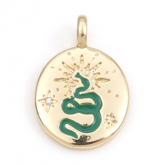 Image de 1 Pièce Breloques en Laiton Ovale Plaqué Or Véritable 18K Vert Serpents Émail à Zircone Cubique Clair 25mm x 17mm