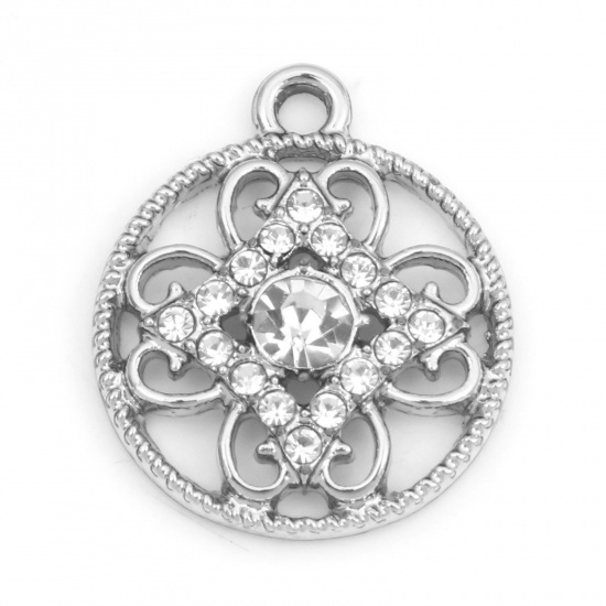 Picture of Zinc Based Alloy Micro Pave Charms Silver Tone Round Flower Clear Rhinestone 21mm x 18mm, 10 PCs