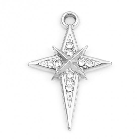 Picture of Zinc Based Alloy Micro Pave Charms Silver Tone Star Clear Rhinestone 27mm x 18.5mm, 10 PCs