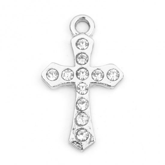 Picture of Zinc Based Alloy Micro Pave Charms Silver Tone Cross Clear Rhinestone 26mm x 15mm, 10 PCs
