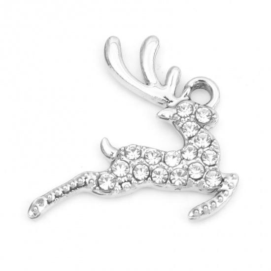 Picture of Zinc Based Alloy Micro Pave Charms Silver Tone Christmas Reindeer Clear Rhinestone 21mm x 20mm, 10 PCs
