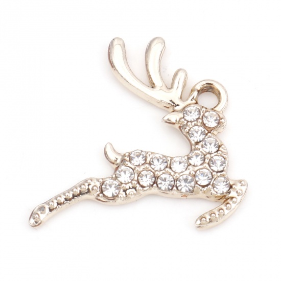 Picture of Zinc Based Alloy Micro Pave Charms Gold Plated Christmas Reindeer Clear Rhinestone 21mm x 20mm, 10 PCs
