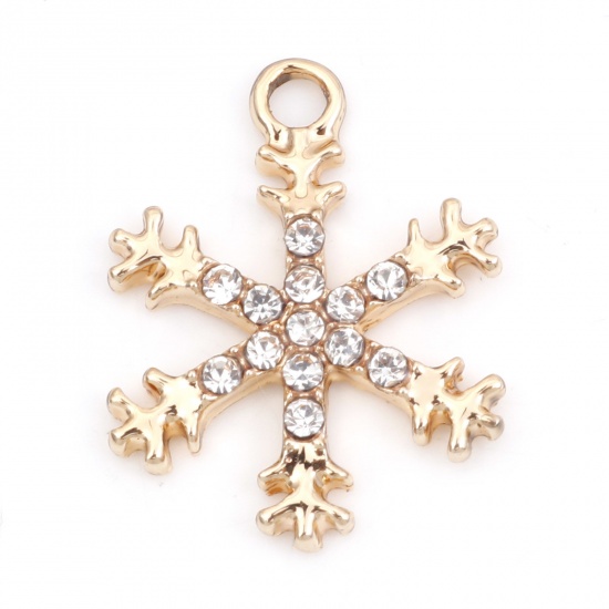 Picture of Zinc Based Alloy Micro Pave Charms Gold Plated Christmas Snowflake Clear Rhinestone 21mm x 16mm, 10 PCs