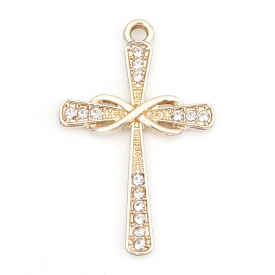 Picture of Zinc Based Alloy Micro Pave Pendants Gold Plated Cross Clear Rhinestone 3.3cm x 2.1cm, 10 PCs