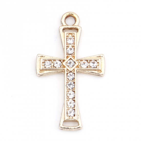 Picture of Zinc Based Alloy Micro Pave Charms Gold Plated Cross Clear Rhinestone 26mm x 15mm, 10 PCs