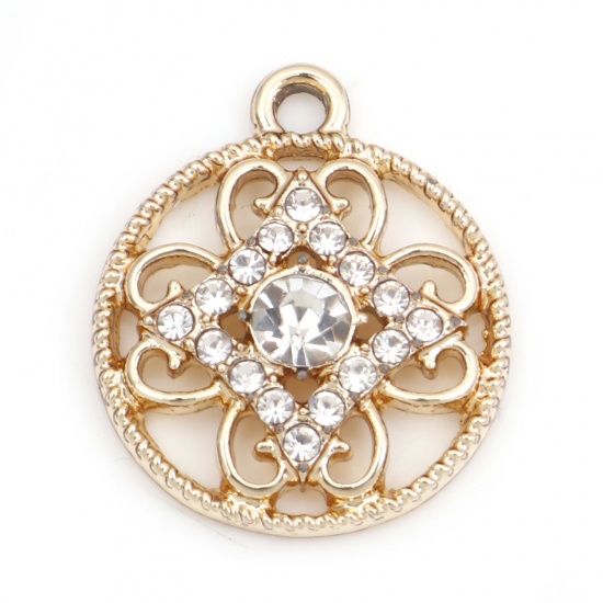 Picture of Zinc Based Alloy Micro Pave Charms Gold Plated Round Flower Clear Rhinestone 21mm x 18mm, 10 PCs