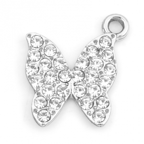 Picture of Zinc Based Alloy Micro Pave Charms Silver Tone Butterfly Animal Clear Rhinestone 18mm x 16mm, 10 PCs