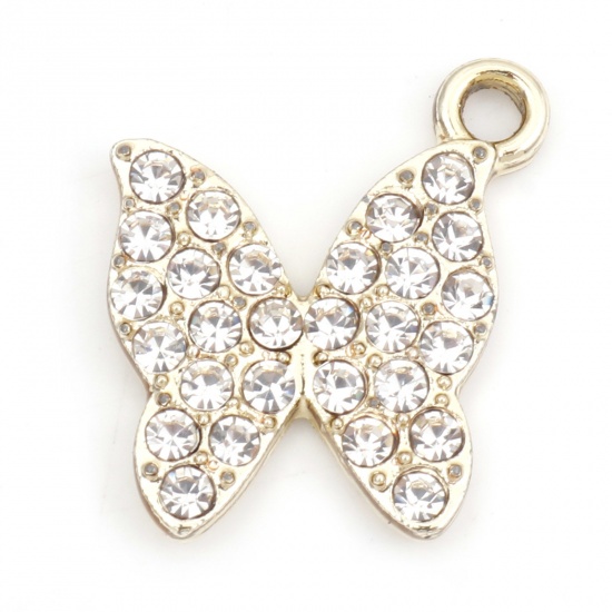 Picture of Zinc Based Alloy Micro Pave Charms Gold Plated Butterfly Animal Clear Rhinestone 18mm x 16mm, 10 PCs