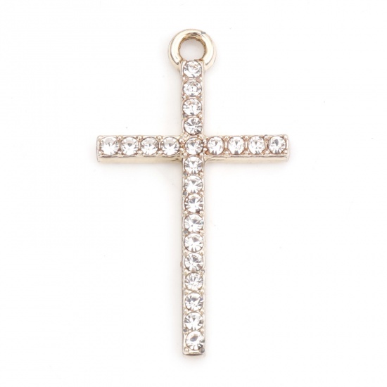 Picture of Zinc Based Alloy Micro Pave Pendants Gold Plated Cross Clear Rhinestone 3cm x 1.7cm, 10 PCs