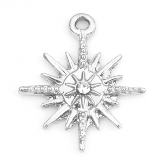Picture of Zinc Based Alloy Micro Pave Charms Silver Tone Star Clear Rhinestone 24mm x 21mm, 10 PCs