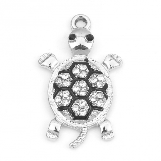 Picture of Zinc Based Alloy Micro Pave Charms Silver Tone Sea Turtle Animal Clear Rhinestone 29mm x 17mm, 10 PCs