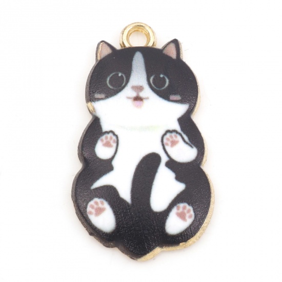Picture of Zinc Based Alloy Charms Gold Plated Black Cat Animal Enamel 25mm x 14mm, 10 PCs
