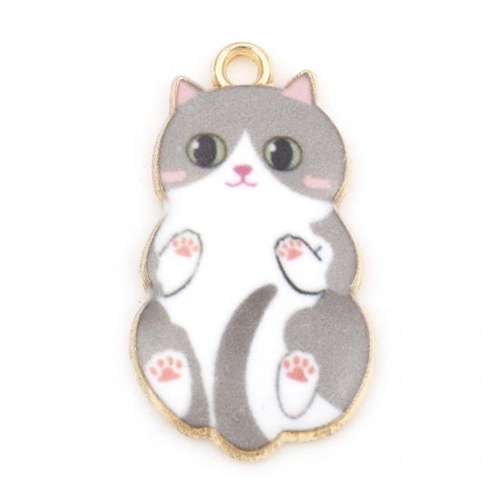 Picture of Zinc Based Alloy Charms Gold Plated Gray Cat Animal Enamel 25mm x 14mm, 10 PCs