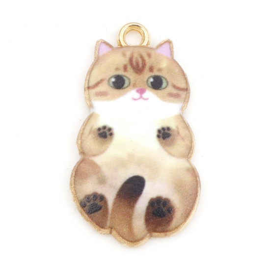 Picture of Zinc Based Alloy Charms Gold Plated Light Brown Cat Animal Enamel 25mm x 14mm, 10 PCs