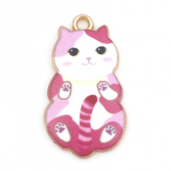 Picture of Zinc Based Alloy Charms Gold Plated Fuchsia Cat Animal Enamel 25mm x 14mm, 10 PCs