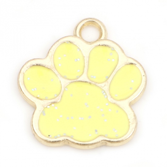 Picture of Zinc Based Alloy Pet Memorial Charms Gold Plated Yellow Dog Paw Claw Enamel 17mm x 16mm, 20 PCs