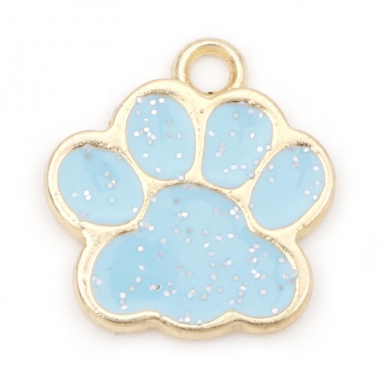 Picture of Zinc Based Alloy Pet Memorial Charms Gold Plated Blue Dog Paw Claw Enamel 17mm x 16mm, 20 PCs