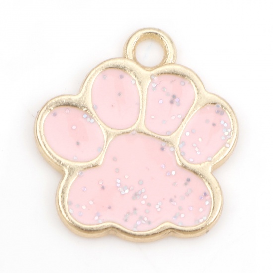 Picture of Zinc Based Alloy Pet Memorial Charms Gold Plated Pink Dog Paw Claw Enamel 17mm x 16mm, 20 PCs