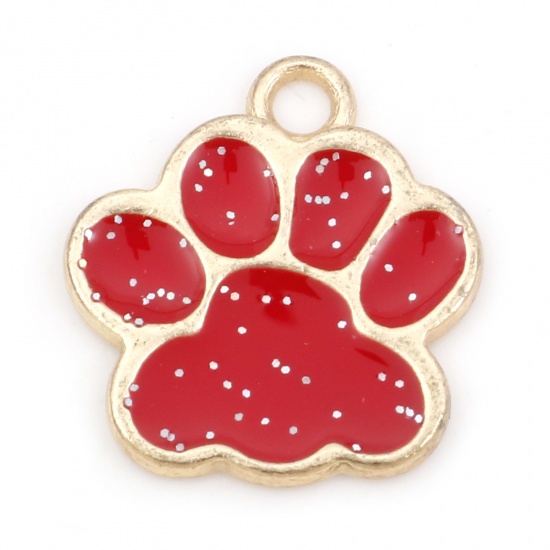 Picture of Zinc Based Alloy Pet Memorial Charms Gold Plated Red Dog Paw Claw Enamel 17mm x 16mm, 20 PCs