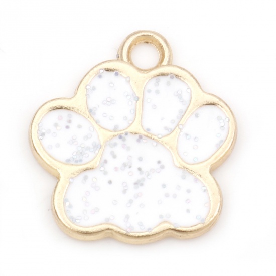 Picture of Zinc Based Alloy Pet Memorial Charms Gold Plated White Dog Paw Claw Enamel 17mm x 16mm, 20 PCs