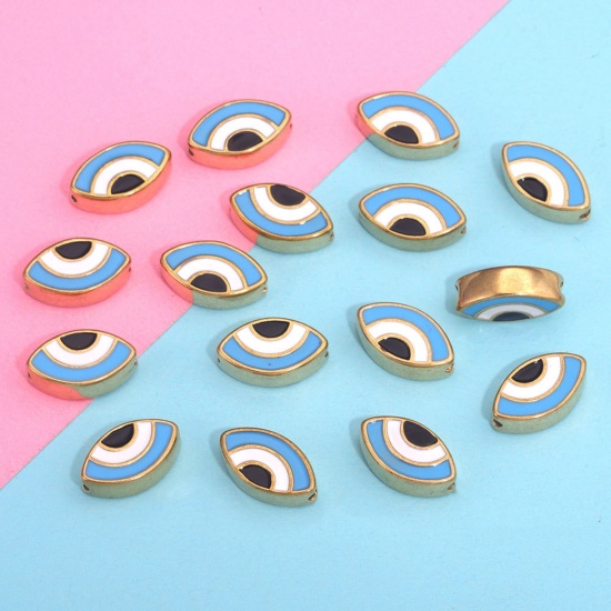 Imagen de 304 Acero Inoxidable Cuentas Oliva Chapado en Oro Azul Mal de ojo Esmalte 14mm x 8mm, Agujero: Aprox 1.5mm, 1 Unidad