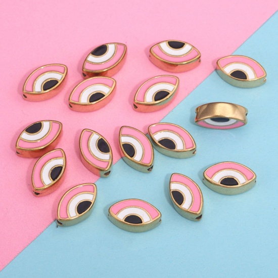 Imagen de 304 Acero Inoxidable Cuentas Oliva Chapado en Oro Color rosa Mal de ojo Esmalte 14mm x 8mm, Agujero: Aprox 1.5mm, 1 Unidad