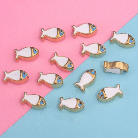 Imagen de 304 Acero Inoxidable Cuentas Pez Chapado en Oro Blanco Esmalte 14mm x 7mm, Agujero: Aprox 1.5mm, 1 Unidad