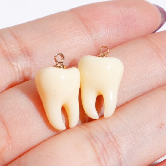 Picture of Resin Charms Tooth Gold Plated Beige 3D 17mm x 10mm, 2 PCs