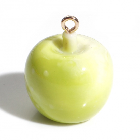 Picture of Resin Charms Apple Fruit Gold Plated Green 3D 24.5mm x 20mm, 2 PCs