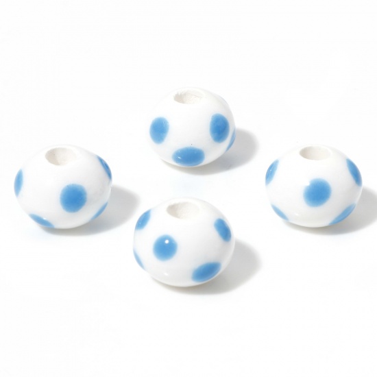 Immagine di Ceramica Diatanziale Perline Tondo Blu Chiaro Polka Dot Disegno Come 12.5mm Dia, Foro: Circa 3.5mm, 5 Pz