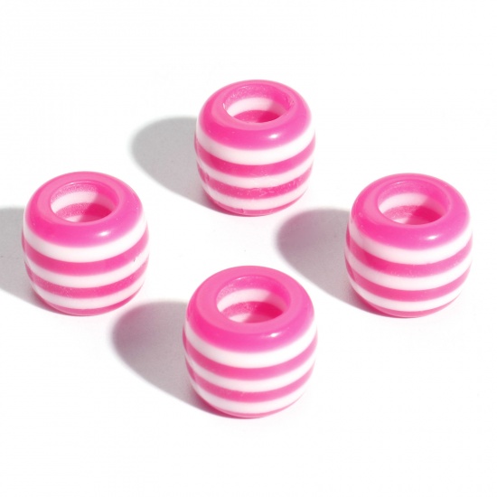 Picture of Resin European Style Large Hole Charm Beads Fuchsia Drum Stripe 12mm x 10mm, Hole: Approx 5.8mm, 20 PCs