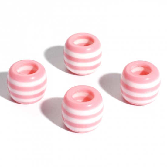 Picture of Resin European Style Large Hole Charm Beads Pink Drum Stripe 12mm x 10mm, Hole: Approx 5.8mm, 20 PCs