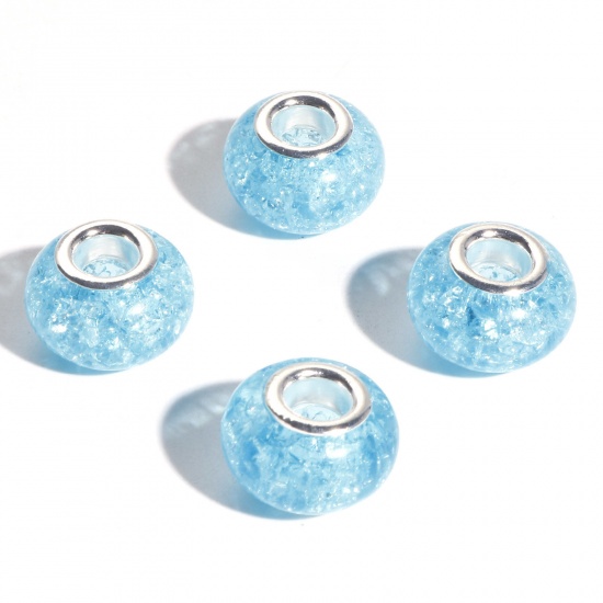 Picture of Resin European Style Large Hole Charm Beads Lake Blue Round Crackle 14mm Dia., Hole: Approx 4.6mm, 20 PCs