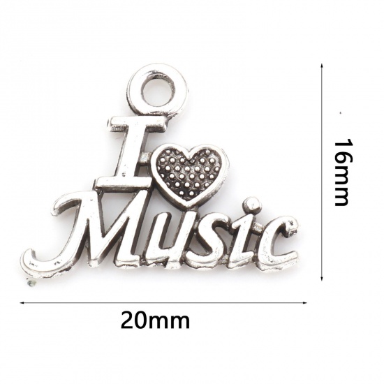 Immagine di Lega di Zinco Musica Charms Argento Antico Lettere " Love Music " Filigrana 20mm x 16mm , 20 Pz
