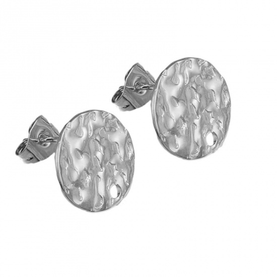 Picture of 304 Stainless Steel Ear Post Stud Earrings Round Silver Tone Embossing With Loop 8mm Dia., Post/ Wire Size: (21 gauge), 5 PCs