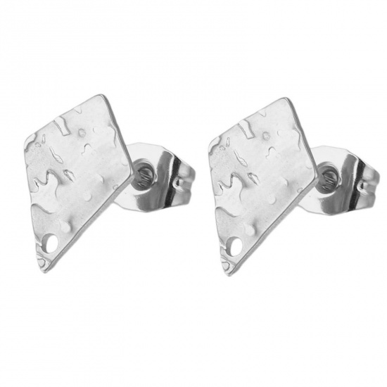 Picture of 304 Stainless Steel Ear Post Stud Earrings Rhombus Silver Tone Embossing With Loop 12mm Dia., Post/ Wire Size: (21 gauge), 5 PCs